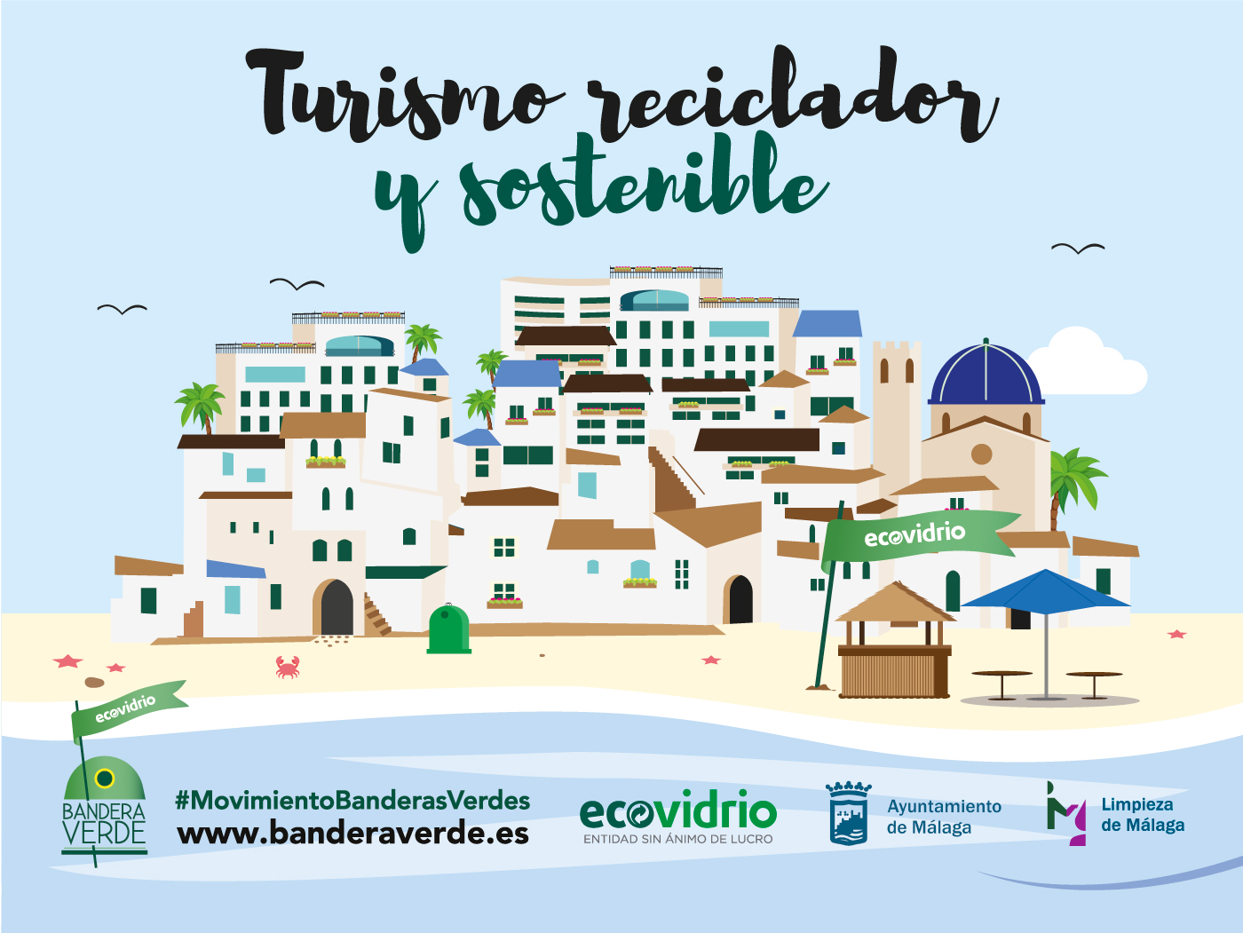 turismo reciclador y sostenible, ciudad en 2d, logos ecovidrio, limasam, ayuntamiento de málaga. Movimiento banderas verdes